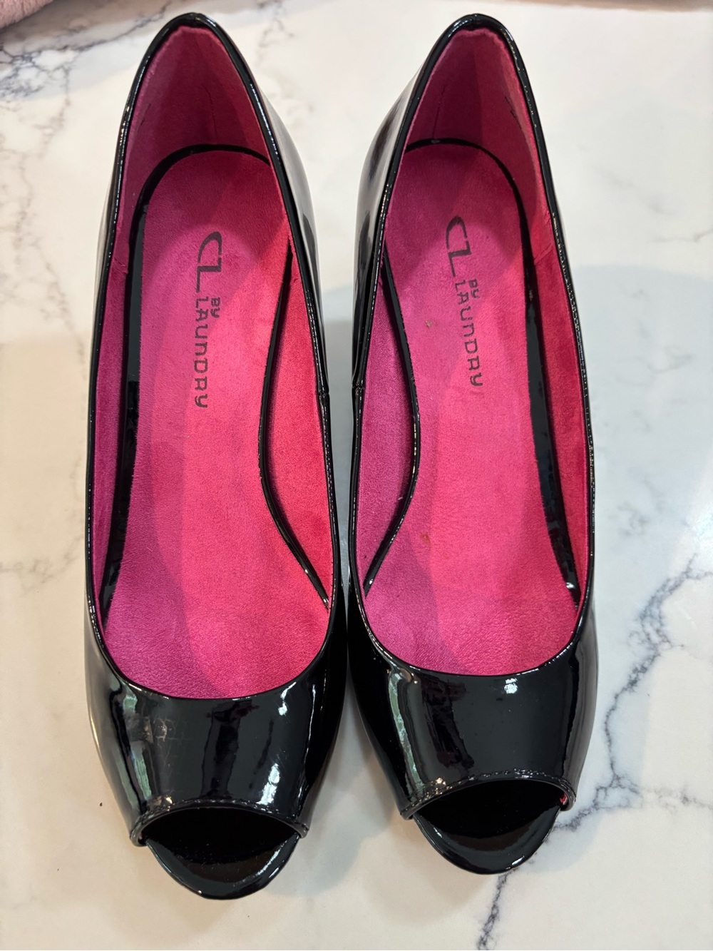 Chinese Laundry Black Patent Peep-Toe Heels with Hot Pink Insole